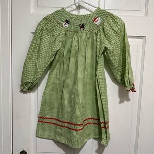 Smocked Christmas Dress Size 6/7 Long Sleeve Santa Reindeer Snowman Green